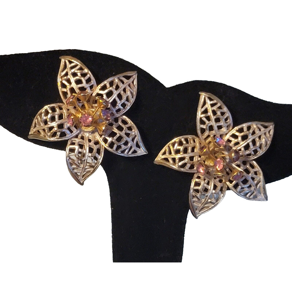 Vintage Pink & Gold Rhinestone Flower Clip-on Earrings- Mid-century Large rc-
